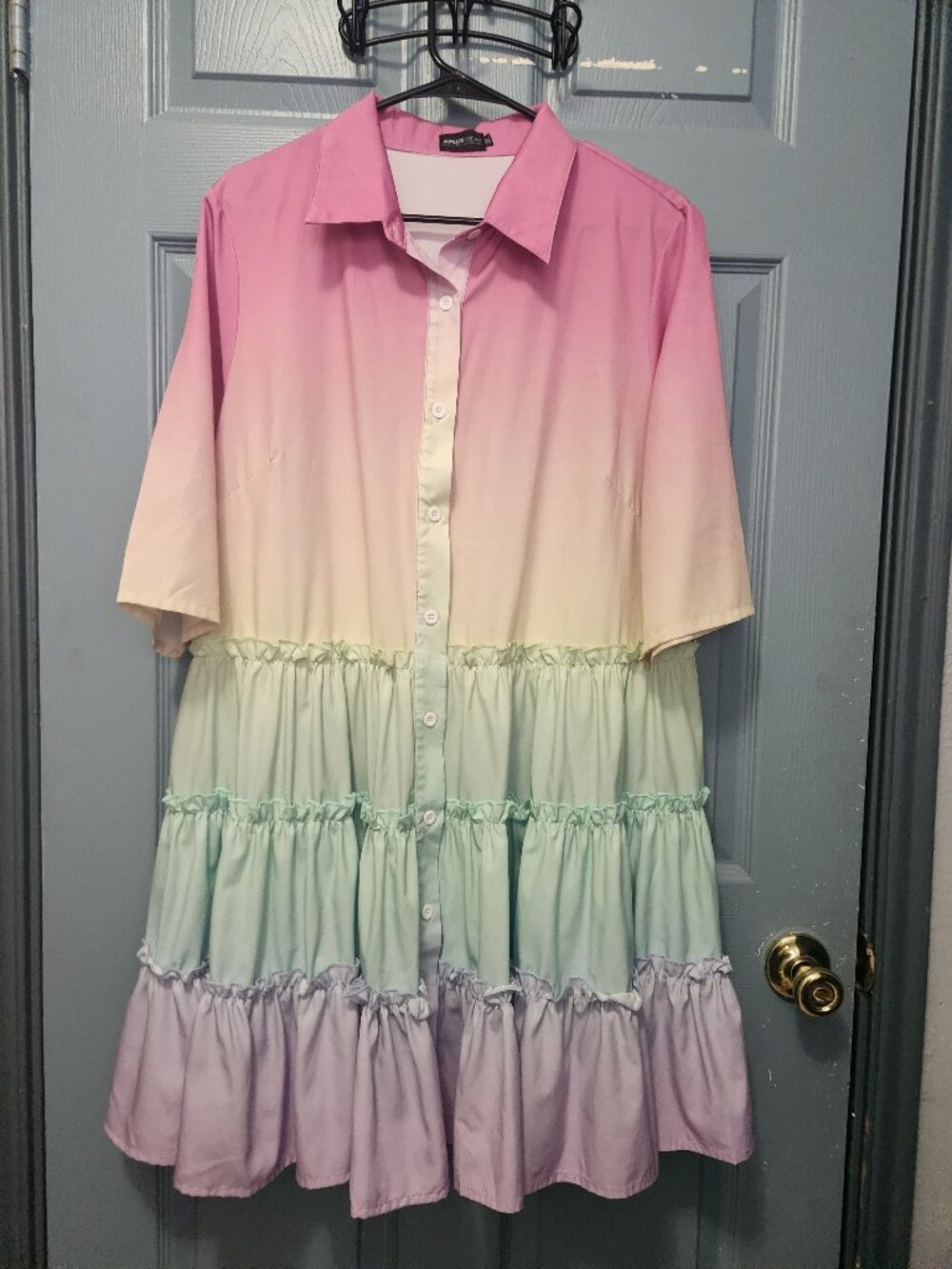 Pastel Rainbow-Colored Ruffle Dress w/ Buttons
